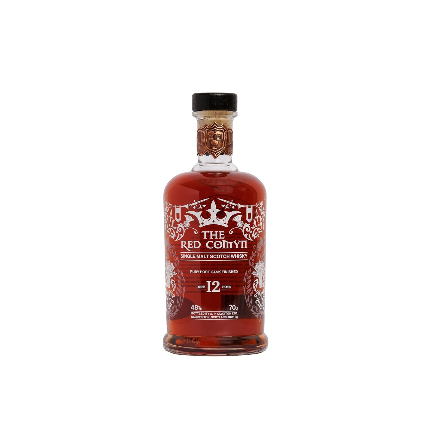 A bottle of The Red Comyn Single Malt Scotch Whisky with a distinctive red label and cap, showcasing the brand and whisky details.